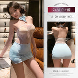 抹胸露乳網衣裙套裝 7430 (黑紅,灰黑,白藍)