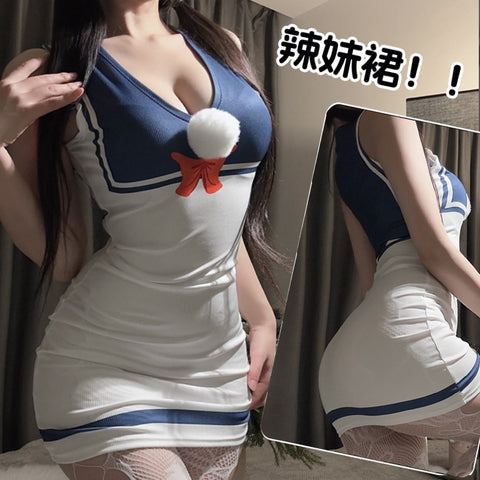 海軍風低領深V印花連身裙 172