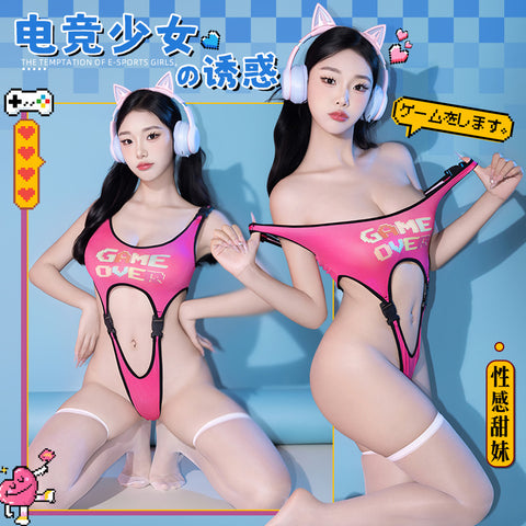 電競少女高彈印花高叉比基尼三點式 6964