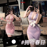 蝴蝶網紗掛脖深v連衣裙 7806 (粉,紫)