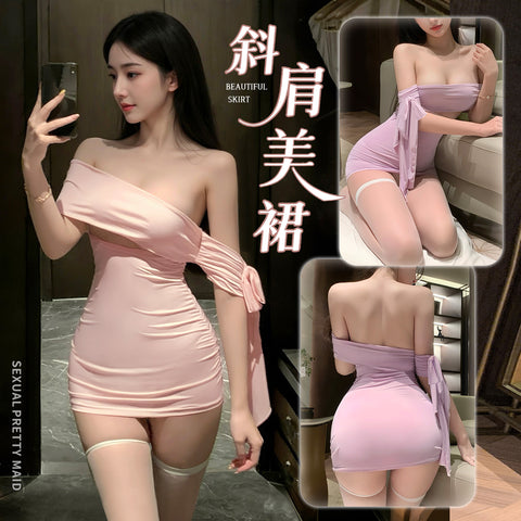 INS風 斜肩連衣裙 ZY71 (粉,紫)