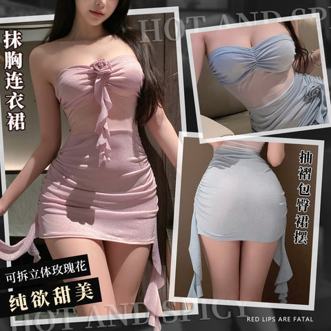 可拆卸立體玫瑰抹胸包臀裙 ZY28 (粉,藍)