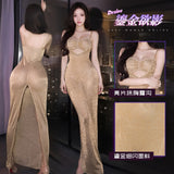 鎏金修身開衩吊帶連衣裙 ZY170