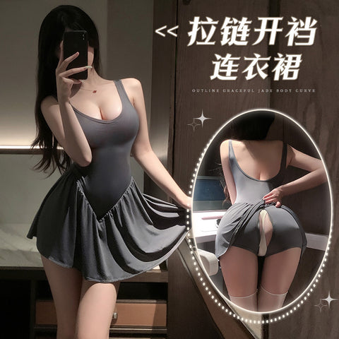 外穿拉鍊開襠連衣裙 7841 (黑色,灰色)