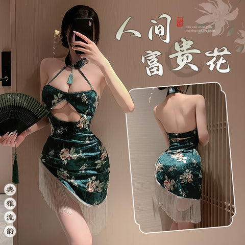 富貴花印花絲絨旗袍 6711