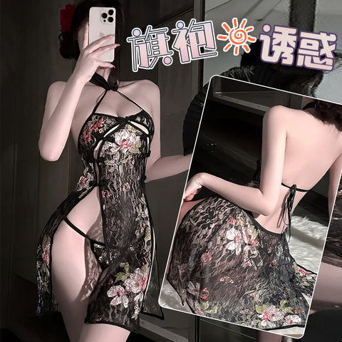 黑色刺繡露背綁帶蕾絲旗袍 1762