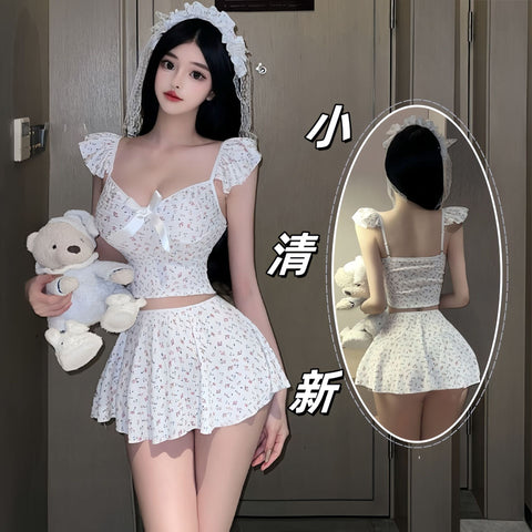 小碎花撞色蕾絲吊帶女僕裝 1652