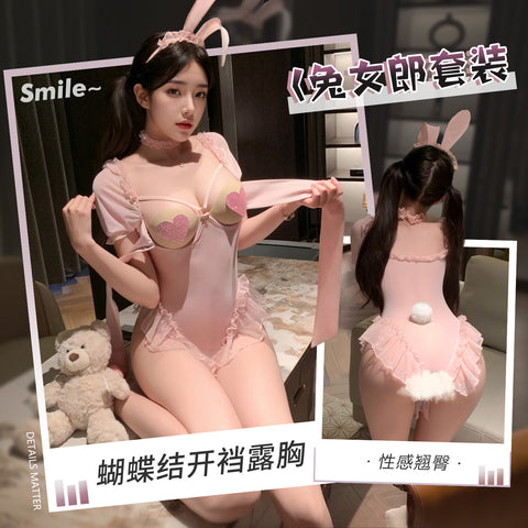 鋼圈連體露胸透視開襠兔女郎 6312