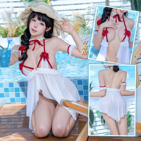 泳池派對~仙氣花卉飾透紗裙6112