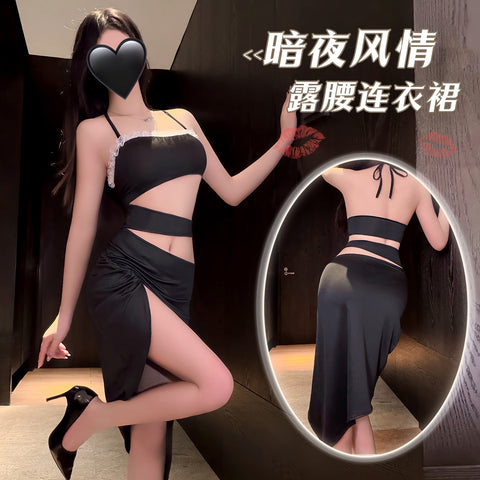 暗夜風情鏤空露腰連衣裙 ZY136