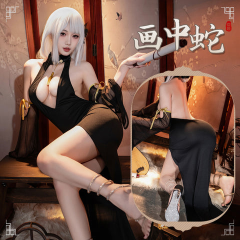 萬聖節 尤物魅骨深v露胸旗袍長裙 ZY115
