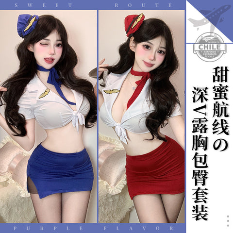 純欲空姐制服 1302 藍色,紅色