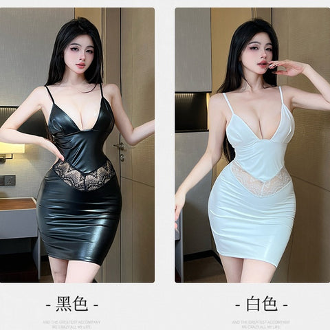 PU蕾絲拼接吊帶包臀裙 2504 (黑色,白色)