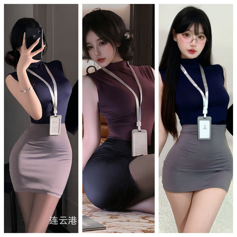 秘書OL無袖包臀裙 8369 (深灰,紫灰,楊梅紫)