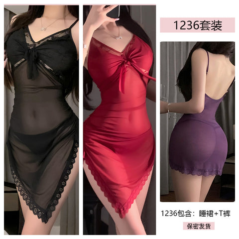 蕾絲網紗繫帶修身包臀睡衣 1236 (黑色,紫色,酒紅色)