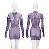 珍珠半高領包臀連身網衣 7532 (紫,黑)