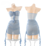 可拆卸立體玫瑰抹胸包臀裙 ZY28 (粉,藍)