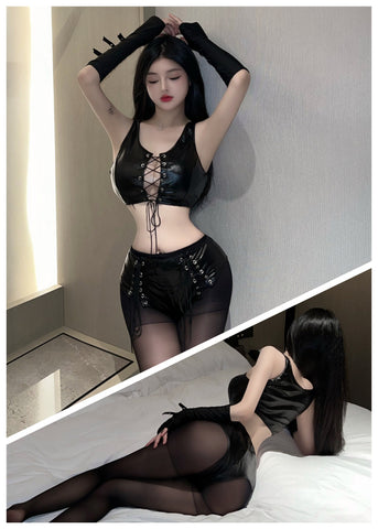 綁帶聚攏 PU漆皮無袖機車服 2867