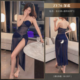 抹胸露肩透視連衣裙 ZY76 (深藍,白)