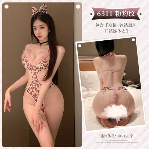 桃色豹紋露臀開檔連身衣 6311
