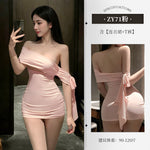 INS風 斜肩連衣裙 ZY71 (粉,紫)
