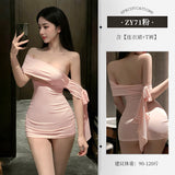 INS風 斜肩連衣裙 ZY71 (粉,紫)