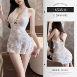 復古蕾絲掛脖包臀睡裙 6535 (白,黑)