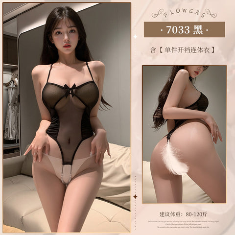 透紗珠鍊雙線開襠連身衣 7033