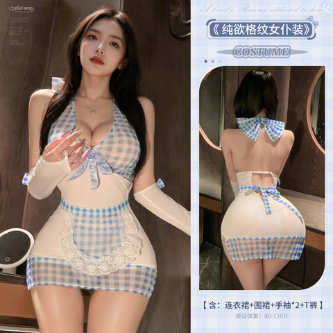 深V蝴蝶結緊身格紋女僕包臀裙 100070