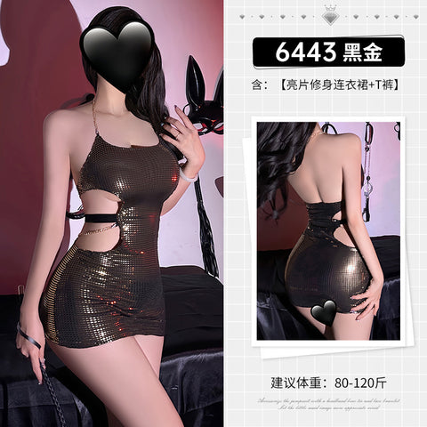 暗夜女王鏤空亮片包臀裙 6443