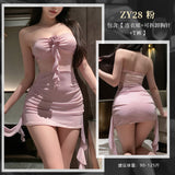 可拆卸立體玫瑰抹胸包臀裙 ZY28 (粉,藍)