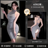 掛脖露肩束腰開衩包臀裙 6502
