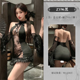掛脖毛邊連衣裙 ZY96 (黑,白)