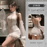 掛脖毛邊連衣裙 ZY96 (黑,白)