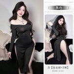 高腰開叉透視旗袍 9182 (黑色,白色)