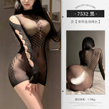 珍珠半高領包臀連身網衣 7532 (紫,黑)