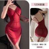 蕾絲網紗繫帶修身包臀睡衣 1236 (黑色,紫色,酒紅色)