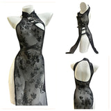 綁帶透明網紗皮扣開衩旗袍 4637 (紫色,黑色)