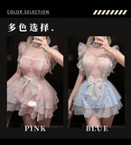 網紗束腰女僕連身裙 F015 (粉+白,藍+白)