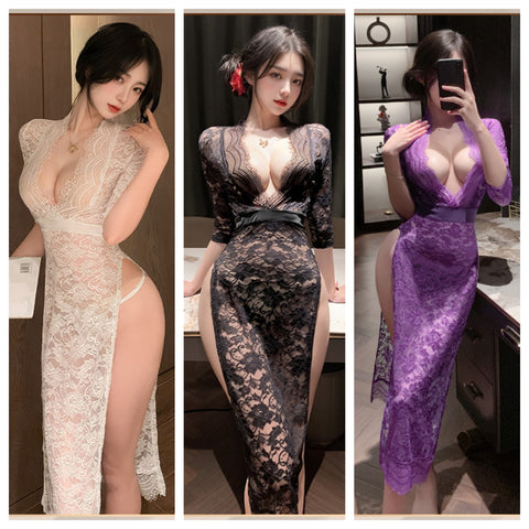 深V開衩透視蕾絲長裙 6363 (黑,白,紫,酒紅) (M/L)