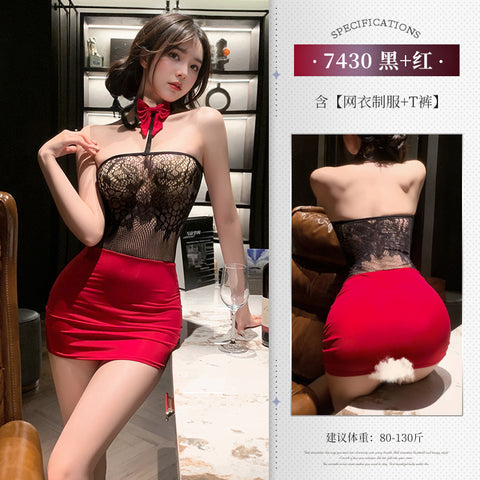 抹胸露乳網衣裙套裝 7430 (黑紅,灰黑)