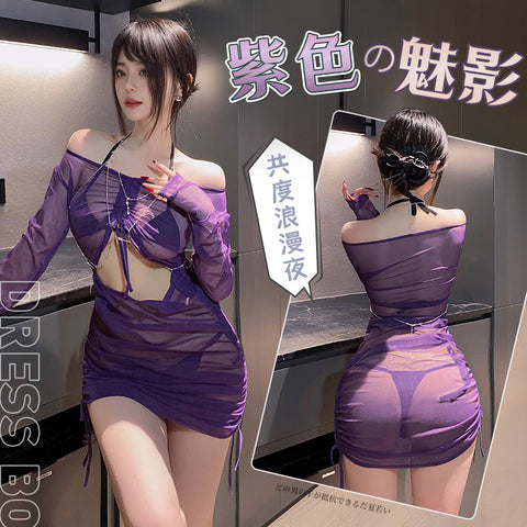 透視抽褶包臀連衣裙 6672 (黑色,紫色)