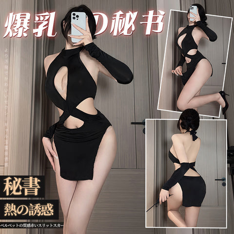 交叉鏤空掛脖旗袍 8699 (黑色,灰色)