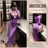 深V開衩透視蕾絲長裙 6363 (黑,白,紫,酒紅) (M/L)