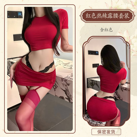 秘書露腰蕾絲包臀半身短裙 9420