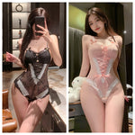 蝴蝶甜辣蕾絲暗扣開檔連體衣套裝7002 (粉+白,黑+白)