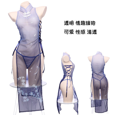 透明綁帶旗袍 藍色 1221