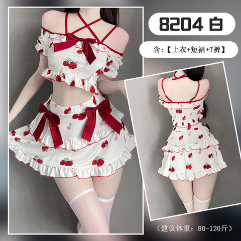 草莓印花交叉吊帶性感睡衣 8204