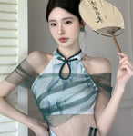 印花拼接綠花旗袍 2372