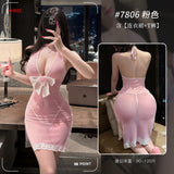 蝴蝶網紗掛脖深v連衣裙 7806 (粉,紫)